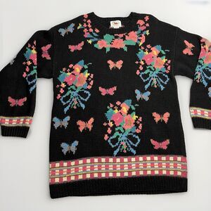 Vintage Marsh Landing Hand Knit Cotton Blend Black Sweater Bows Butterfly Large